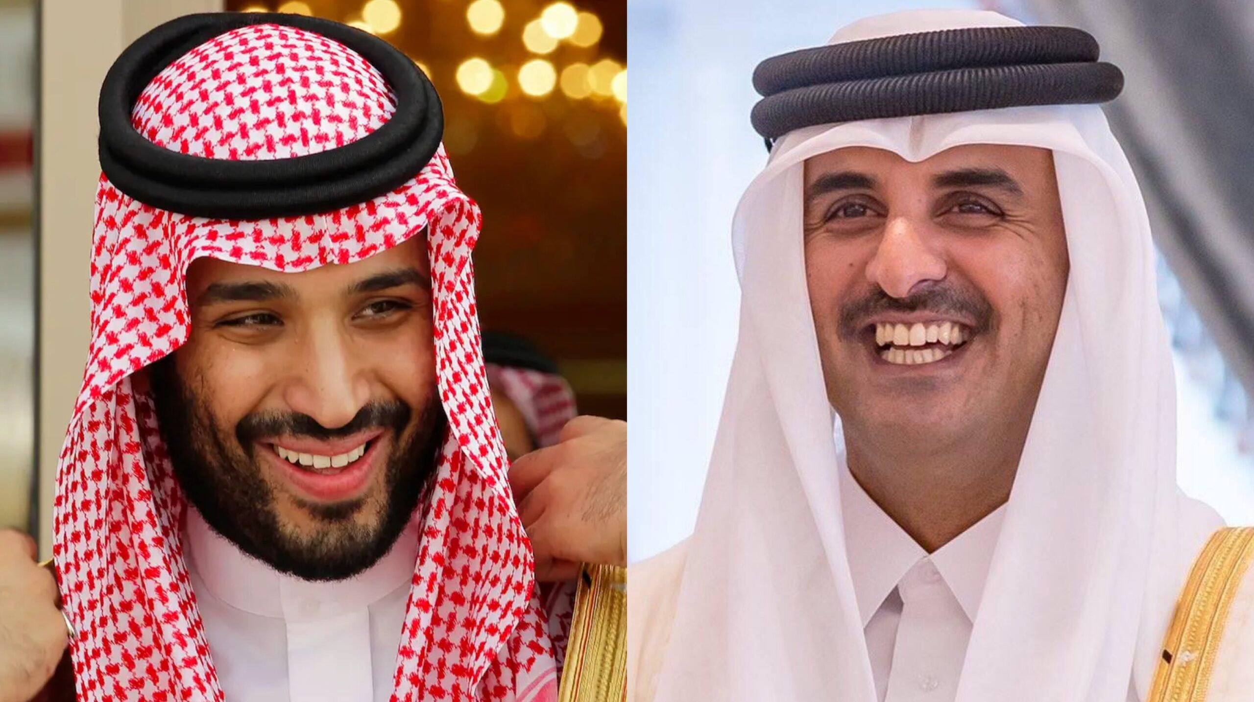 امير قطر تميم في الجانب الاخر ولي العهد السعودي محمد بن سلمان