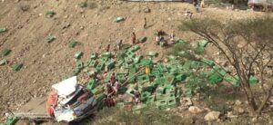 انتشار فيديو لمواطنين يجمعون الدجاج من الجبل لحظة انقلاب شاحنة بطريق مارب