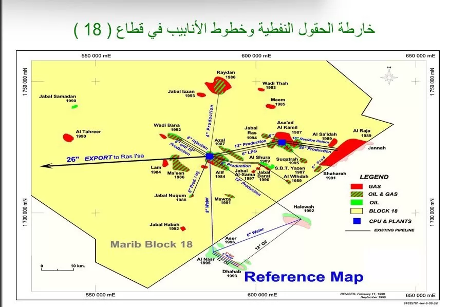 خارطة الحقول النفطية وخطوط الأنابيب في قطاع 19 - اليمن