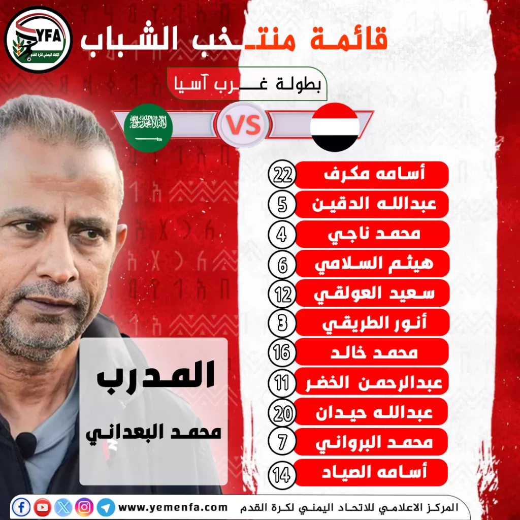 تشكيلة منتخب اليمن للشباب لمباراة السعودية: البرواني يقود الهجوم