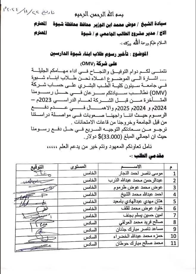 طلاب شبوة يطالبون بدفع مستحقاتهم الدراسية من شركة OMV النفطية