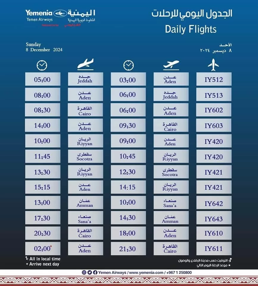 الخطوط الجوية اليمنية تعلن جدول رحلاتها ليوم الأحد 8 ديسمبر 2024