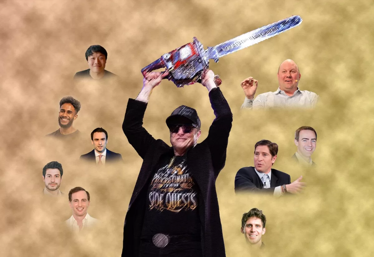 A photo collage and illustration of some of the people in the venture capital world said to be working with Elon Musk's Department of Government Efficiency. It includes Musk, Ethan Shaotran, Vinay Hiremath, Michael Kratsios, Baris Akis, Joe Gebbia, Marc Andreessen, Brad Smith, Scott Kupor, Shaun Maguire.