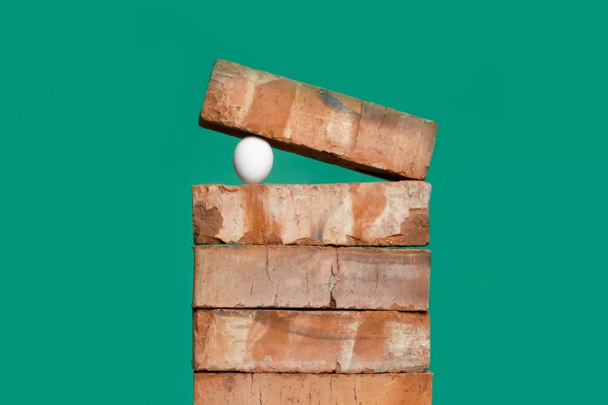 Egg between bricks on green background