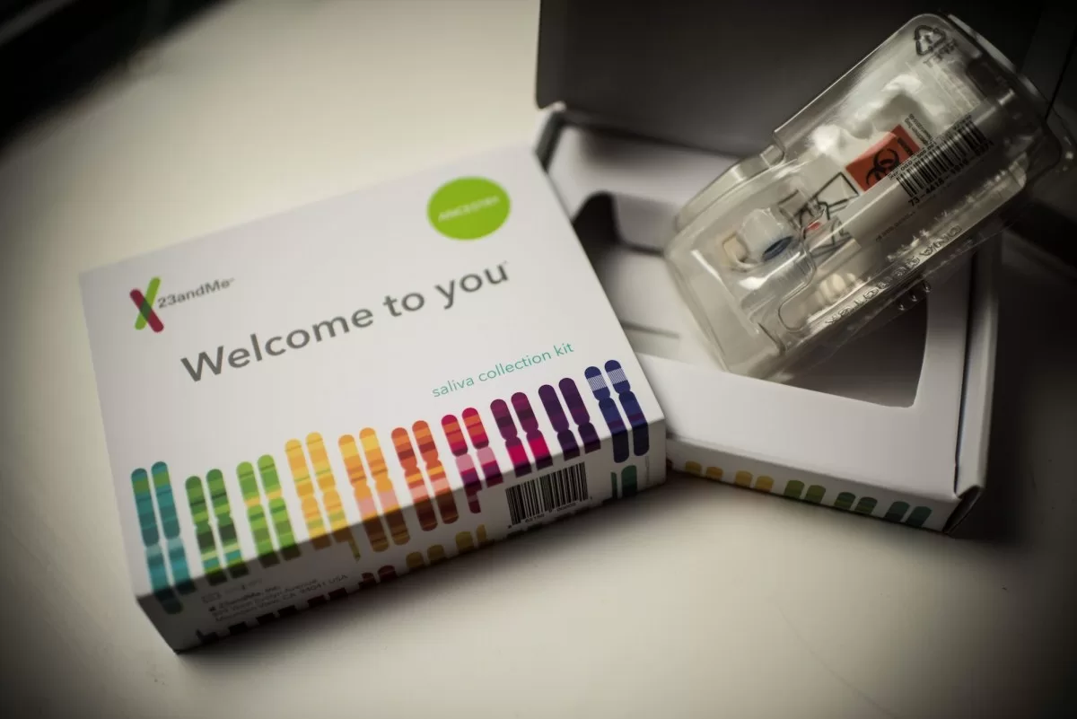 This illustration picture shows a saliva collection kit for DNA testing displayed in Washington DC