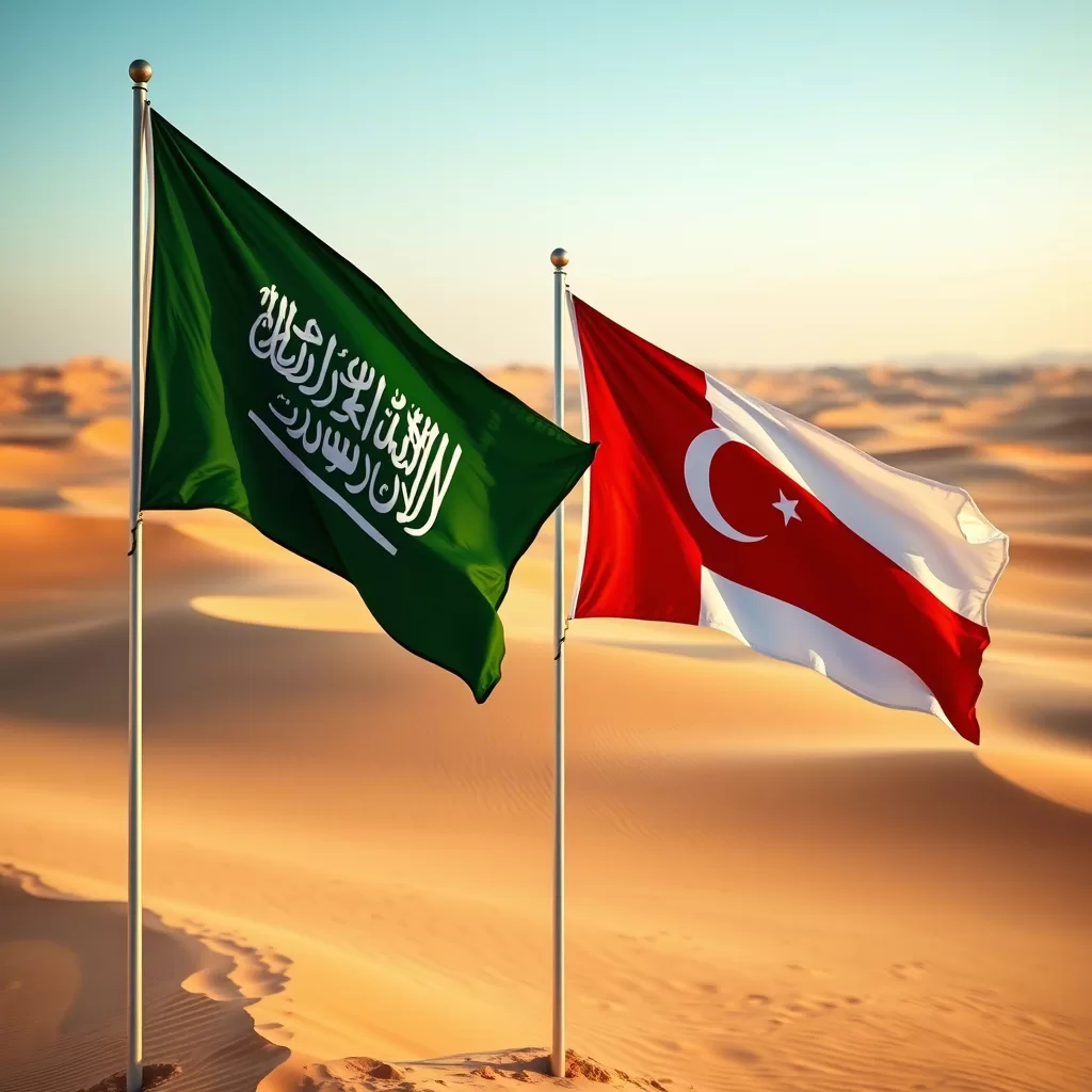 منظر صحراوي مع أعلام السعودية وعُمان ترفرف عاليًا، رمزًا للوحدة والتعاون بين البلدين في حل النزاعات الإقليمية.