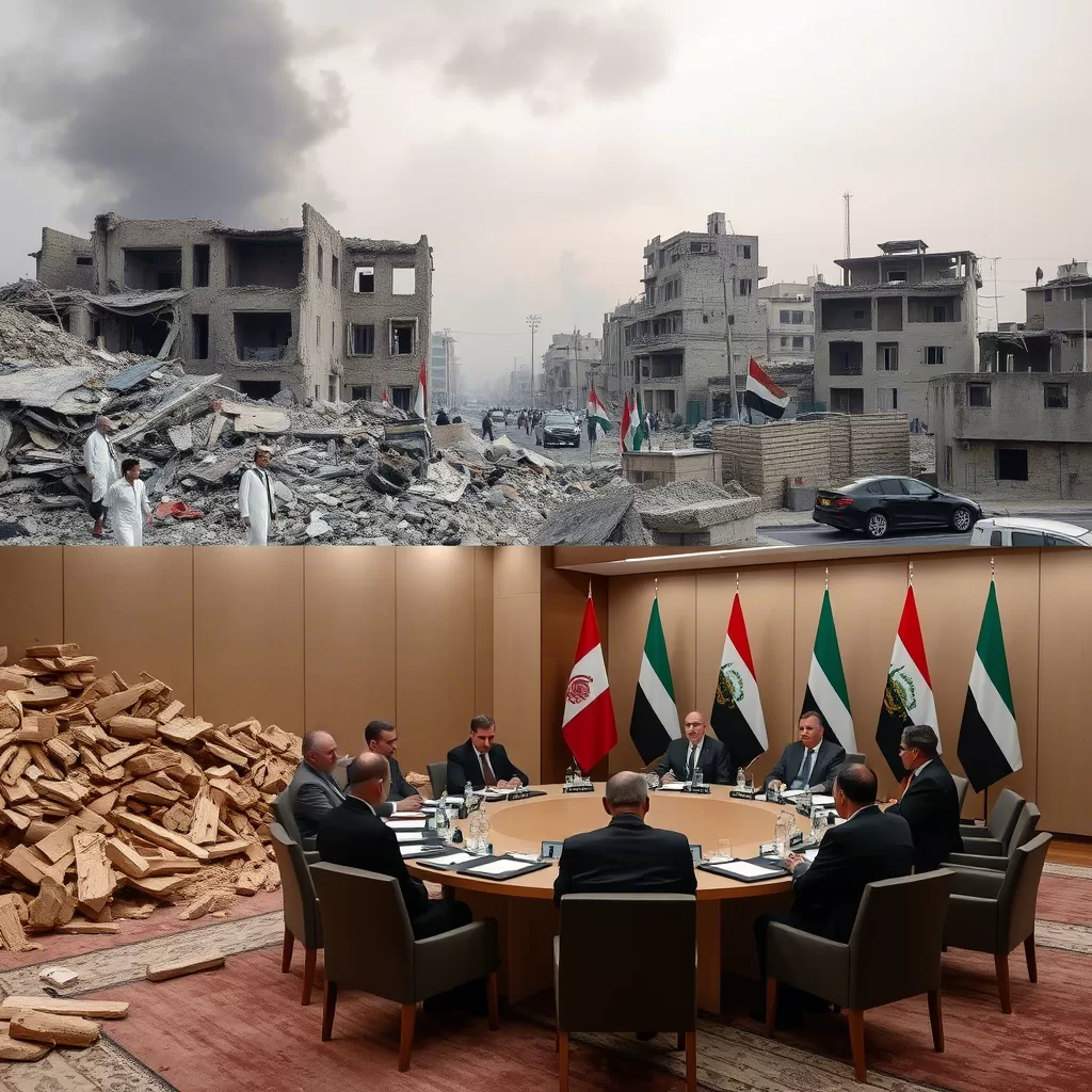 صورة لمدينة مدمرة في اليمن، مقابلة بصورة لاجتماع دبلوماسي بين مبعوثين دوليين وممثلين محليين.