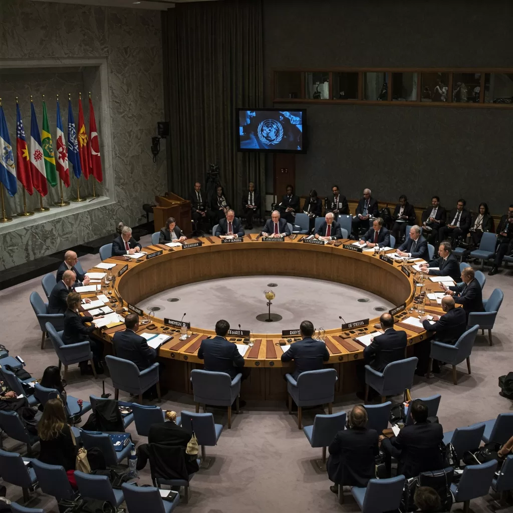 غرفة مجلس الأمن التابع للأمم المتحدة مع دبلوماسيين جالسين في نقاش. أعلام مختلفة خلفهم.