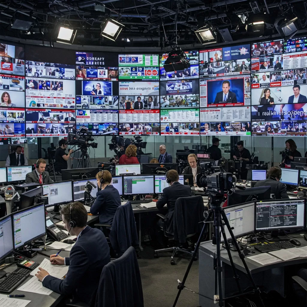 مشهد غرفة الأخبار مع شاشات متعددة تعرض عناوين رئيسية تتتبع آخر التطورات. مراسلون يكتبون مقالات أو يبثون البث الحي.
