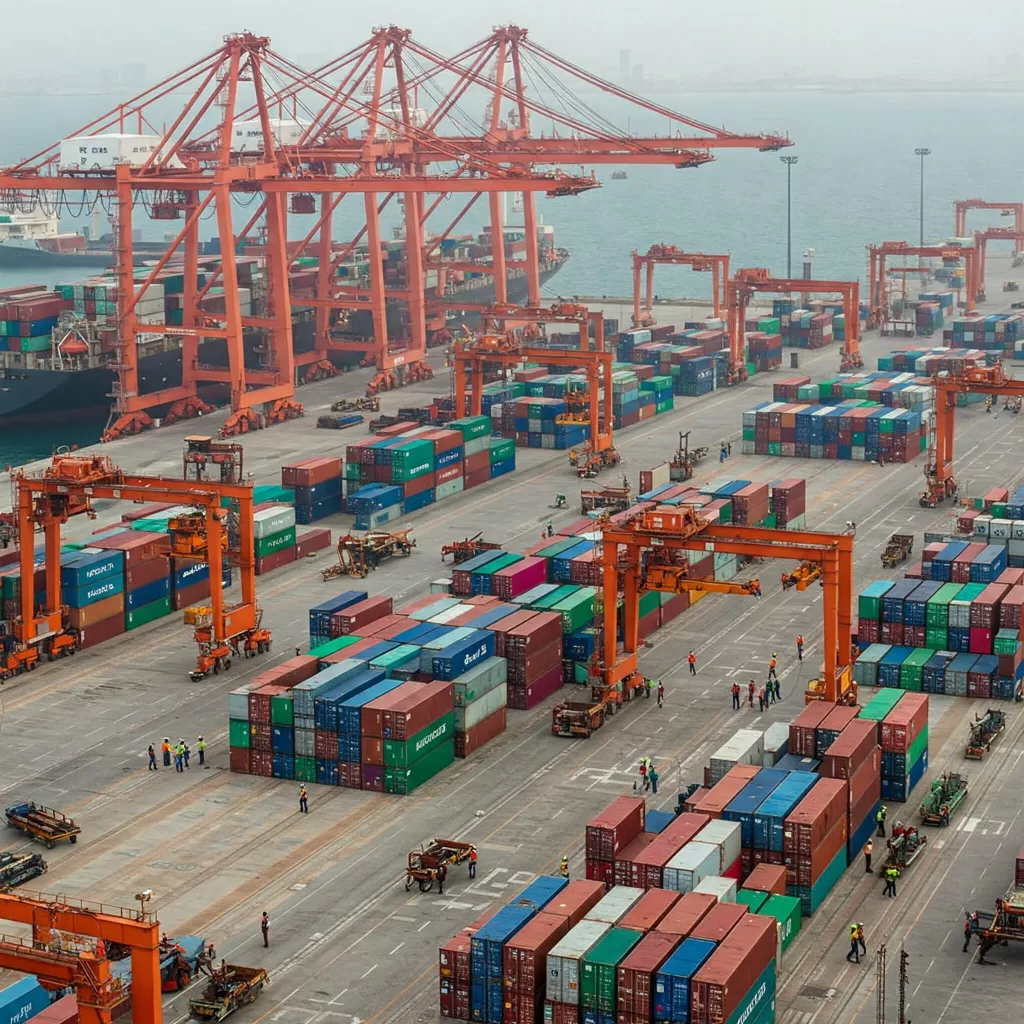 منظر ميناء مزدحم في البحر الأحمر مع مئات الحاويات تُحمّل على سفن ضخمة. أجهزة رفع وعاملون مرئيون في ضوء النهار.