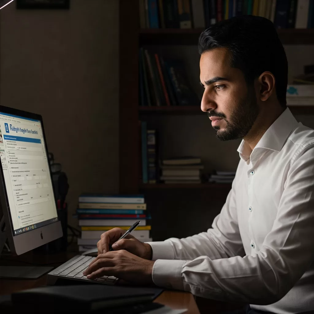 معلم لغة إنجليزية يمني يجلس أمام جهاز الكمبيوتر الخاص به، منهمكًا في تعبئة استمارة طلب برنامج فولبرايت