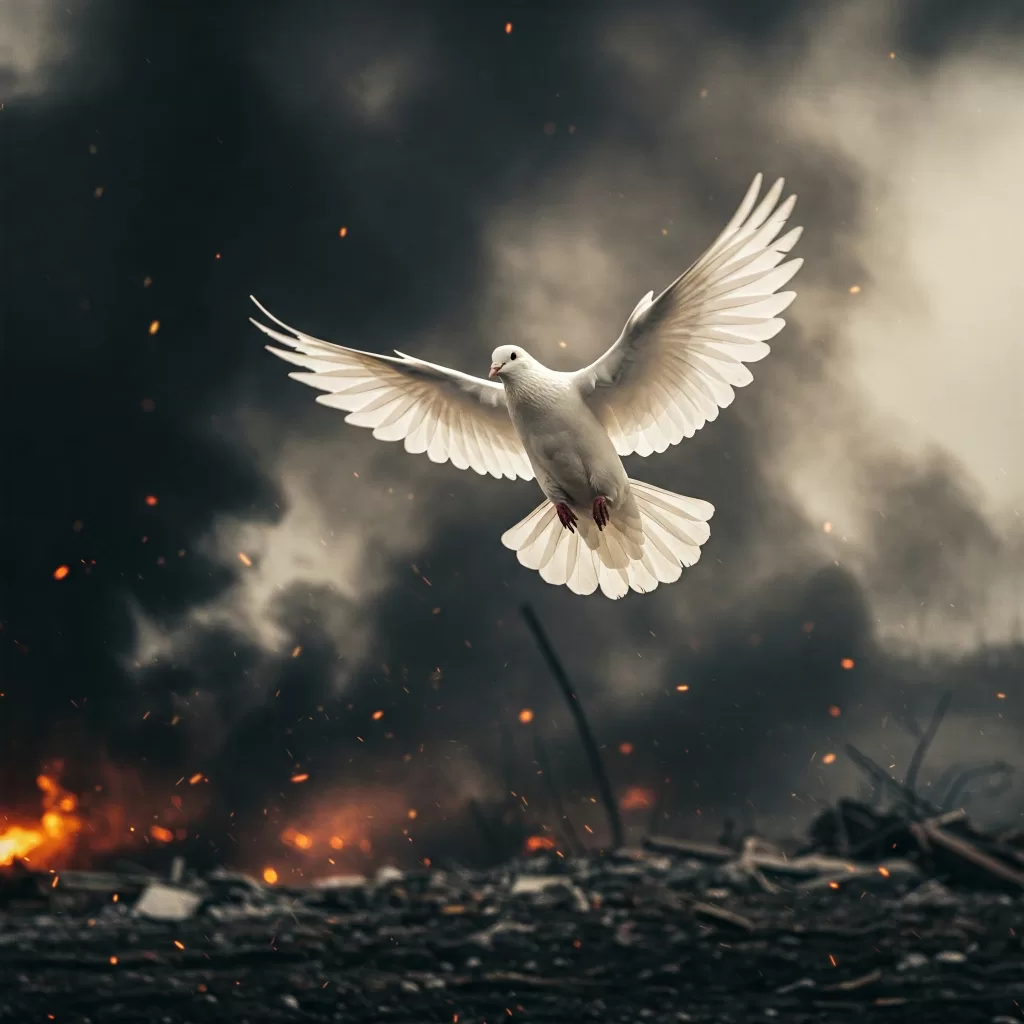 صورة مقربة لحمامة سلام تحلق فوق معركة مملوءة بالدخان والحطام، رمزًا للأمل وسط الدمار.