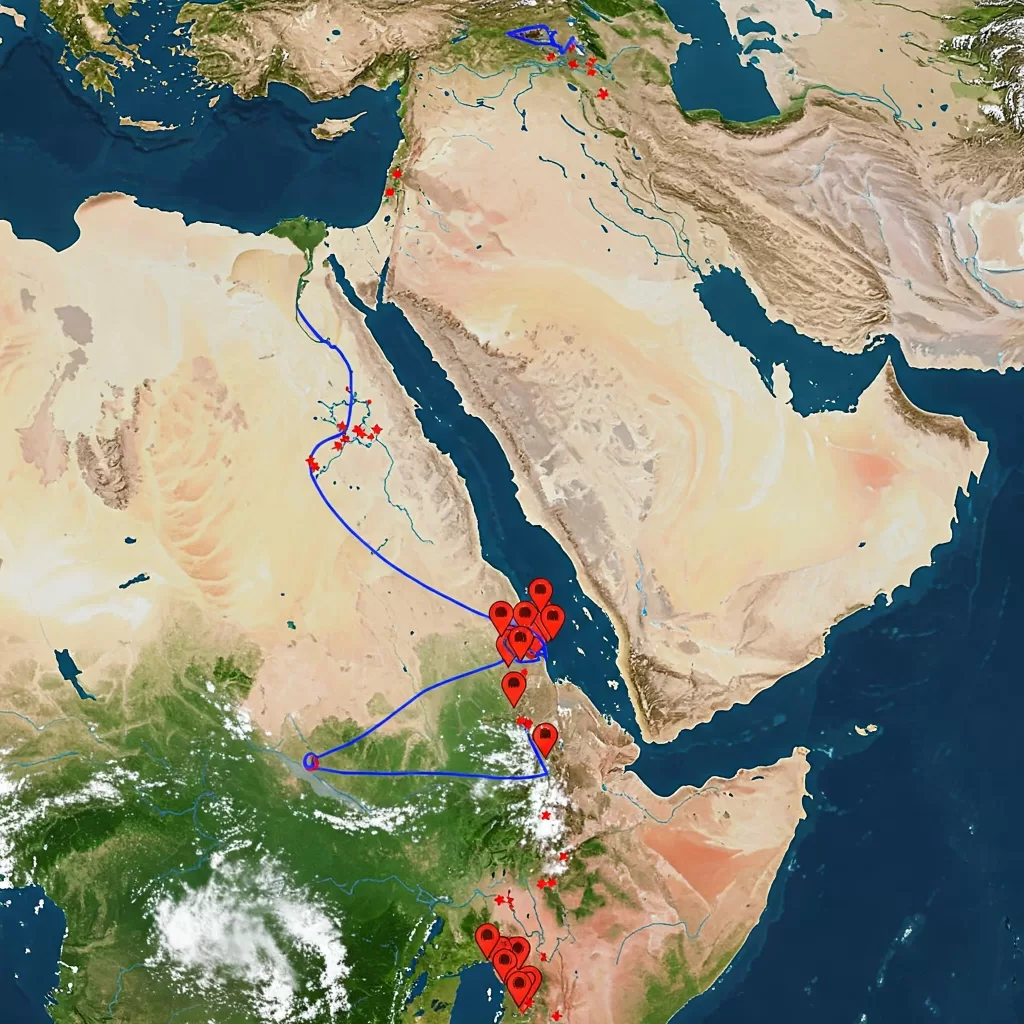 منظر عبر الأقمار الصناعية لشبه الجزيرة العربية مع علامات حمراء تشير إلى مناطق النزاع أو التوتر. خطوط زرقاء تشير إلى جهود الوساطة.