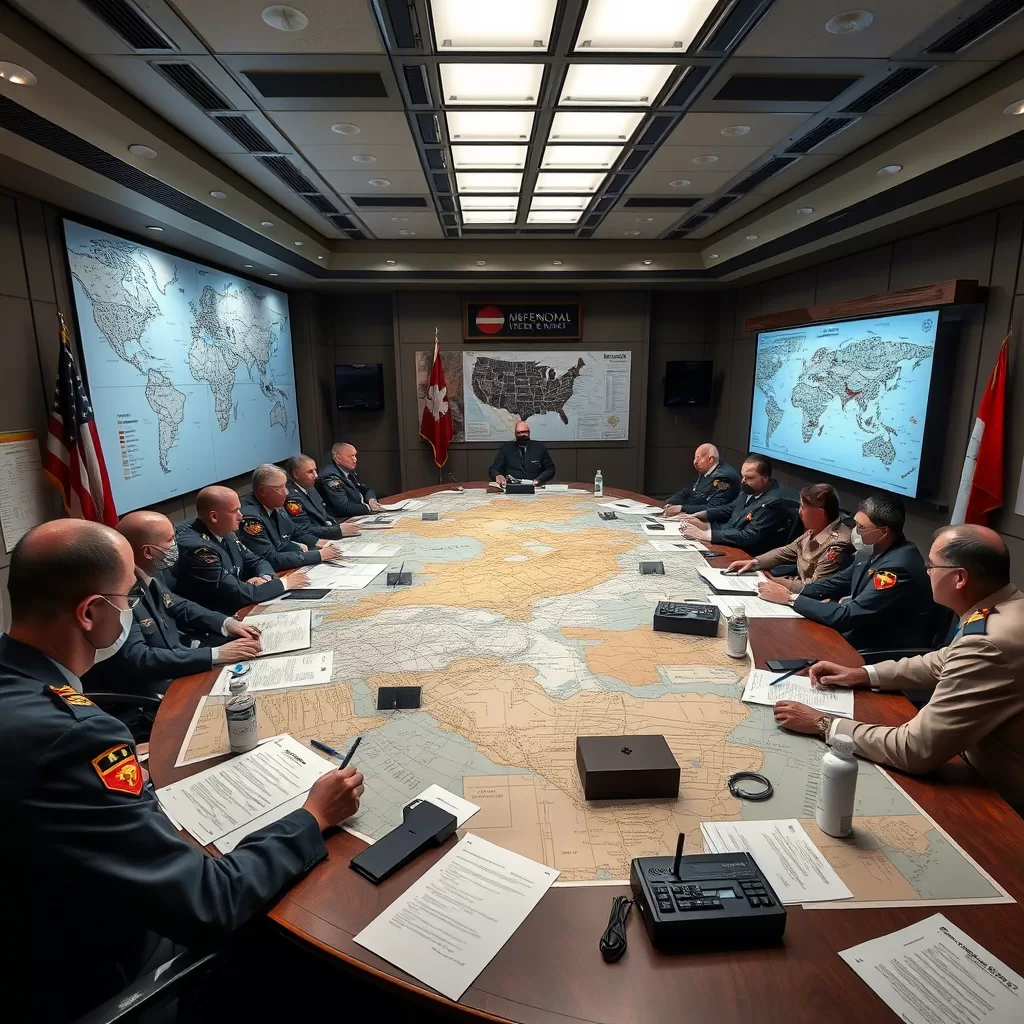 مشهد غرفة عمليات عسكرية مع خرائط وشروحات استراتيجية حول طاولة كبيرة. علماء الدول المعنية مرئية.
