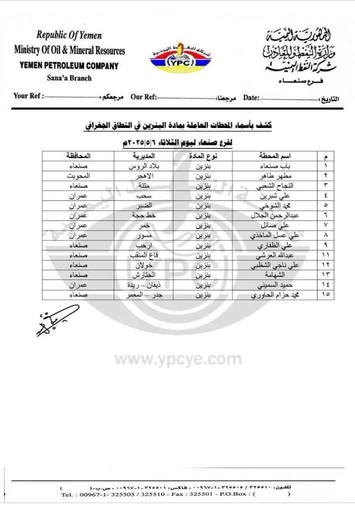 متابعة لأزمة الوقود: شركة النفط تنشر أسماء المحطات العاملة في صنعاء وذمار وإب وعمران وتعز وصعده ليوم غد الثلاثاء 4 عاجل: خريطة محطات الوقود العاملة في اليمن غدًا الثلاثاء (6 مايو 2025) - دليلك الشامل لتلبية احتياجاتك