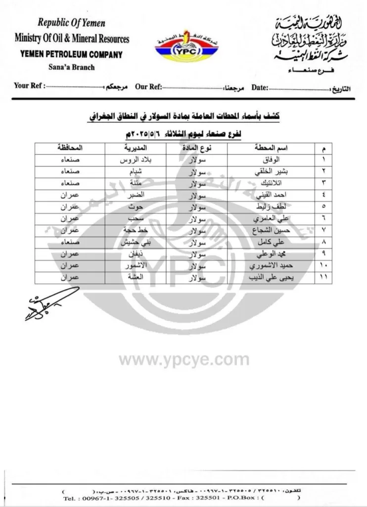 متابعة لأزمة الوقود: شركة النفط تنشر أسماء المحطات العاملة في صنعاء وذمار وإب وعمران وتعز وصعده ليوم غد الثلاثاء 3 عاجل: خريطة محطات الوقود العاملة في اليمن غدًا الثلاثاء (6 مايو 2025) - دليلك الشامل لتلبية احتياجاتك