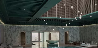 قد تحتوي الصورة على حمام سباحة سباحة سباحة سباحة في الداخل للتصميم الداخلي للهندسة المعمارية الإسكان منزل وفيلا