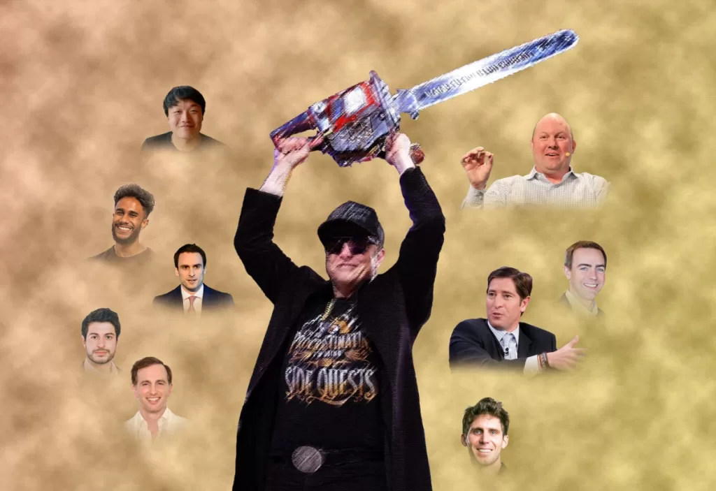 A photo collage and illustration of some of the people in the venture capital world said to be working with Elon Musk's Department of Government Efficiency. It includes Musk, Ethan Shaotran, Vinay Hiremath, Michael Kratsios, Baris Akis, Joe Gebbia, Marc Andreessen, Brad Smith, Scott Kupor, Shaun Maguire.