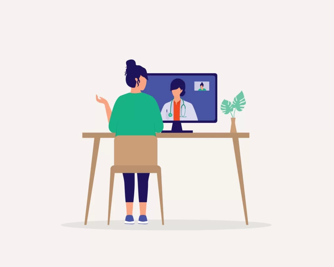 Illustration; Back View Of A Young Woman Sitting On Desktop With Computer Making Video Call With Her Doctor While Staying At Home.