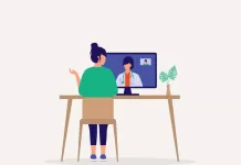 Illustration; Back View Of A Young Woman Sitting On Desktop With Computer Making Video Call With Her Doctor While Staying At Home.