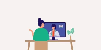 Illustration; Back View Of A Young Woman Sitting On Desktop With Computer Making Video Call With Her Doctor While Staying At Home.