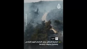 شاهد تواصل فرق الإطفاء جهود إخماد الحرائق المشتعلة في جبل التركمان بمحافظة اللاذقية السورية