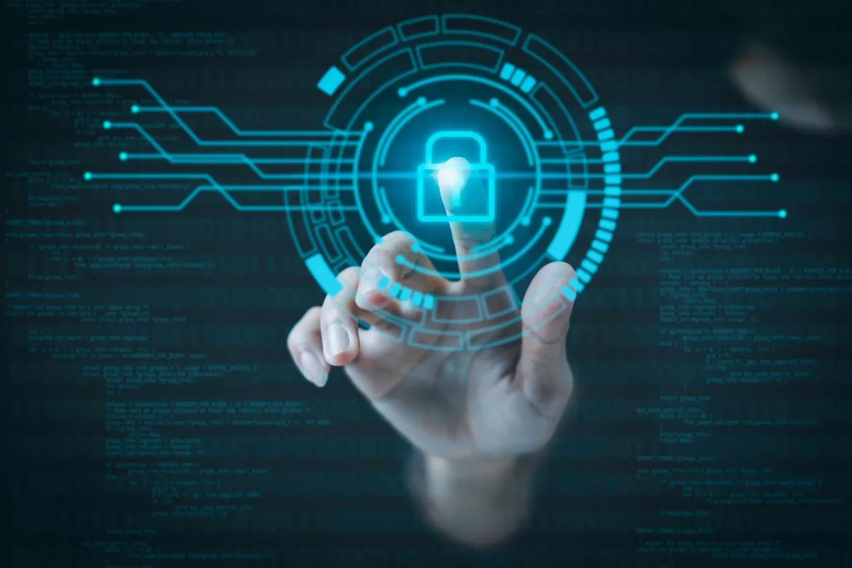 Business person pointing a security lock to show they are securing their low code application.