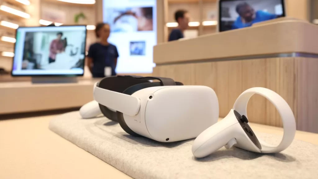 An Oculus virtual reality headset is displayed during a media preview of the new Meta Store on May 04, 2022 in Burlingame, California