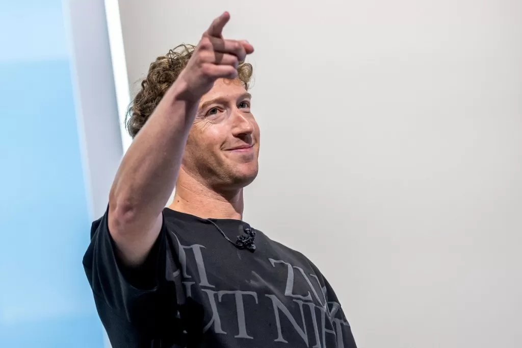 Mark Zuckerberg, chief executive officer of Meta Platforms Inc., during the Meta Connect event in Menlo Park, California, US, on Wednesday, Sept. 25, 2024. Meta Platforms Inc. debuted its first pair of augmented reality glasses, devices that show a combined view of the digital and physical worlds, a key step in Chief Executive Officer Mark Zuckerberg's goal of one day offering a hands-free alternative to the smartphone. Photographer: David Paul Morris/Bloomberg via Getty Images