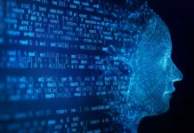 AI robot face and programming code on a black background.