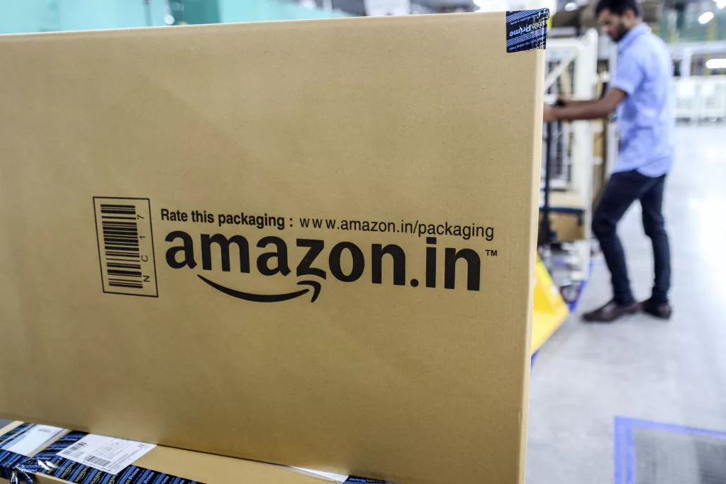 A package sits ready for shipment at the Amazon.com Inc. fulfillment center in Hyderabad, India