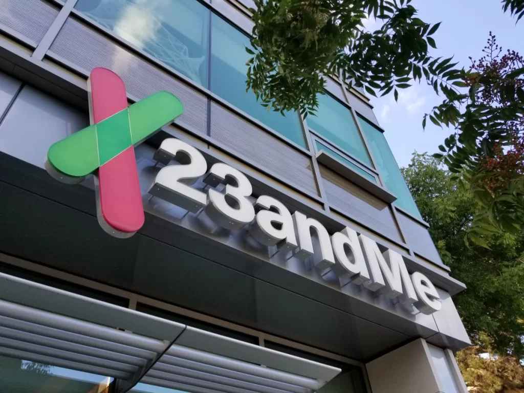 Sign with logo on facade of personal genomics company 23andMe in Mountain View, California, October 28, 2018. (Photo by Smith Collection/Gado/Getty Images)