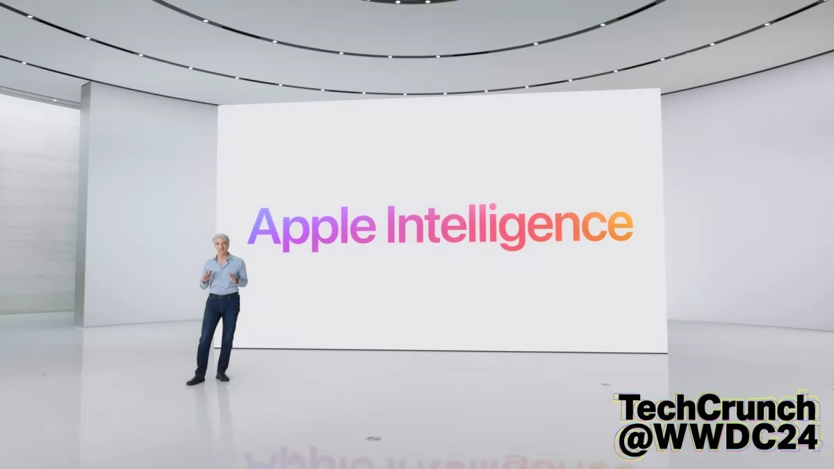 Apple Software Engineering SVP Craig Federighi, seen presenting Apple Intelligence at WWDC 2024