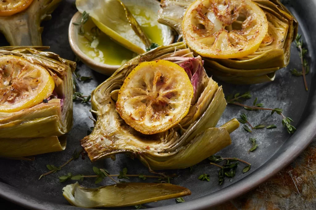 Image may contain Food Food Presentation Produce Plate Bread Artichoke Plant and Vegetable
