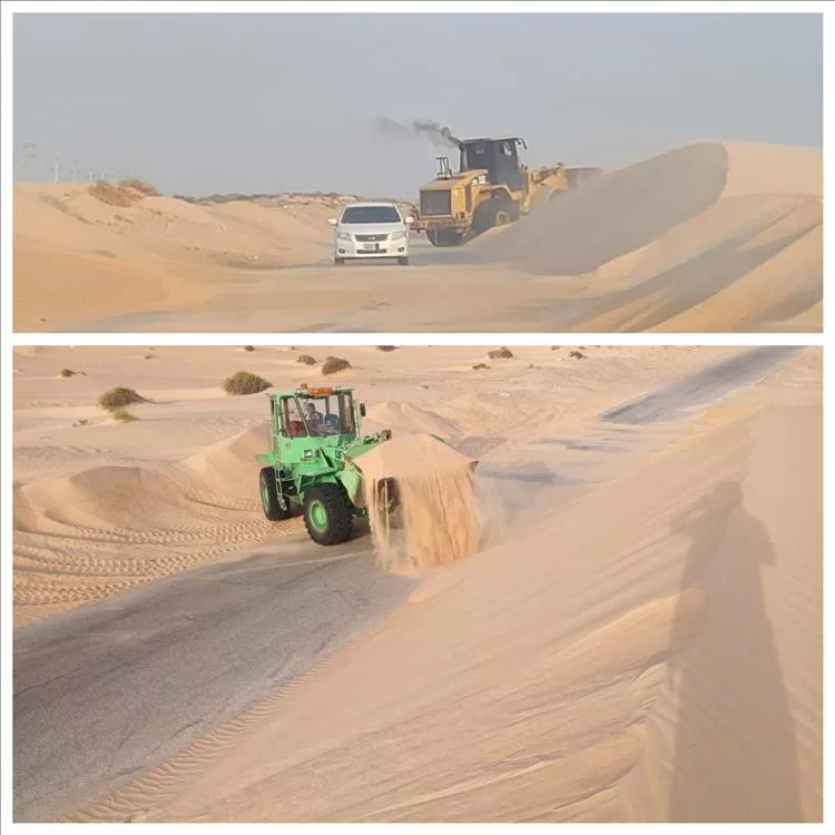 مواصلة أعمال إزاحة الرمال في منطقتي النشيمة وعرقة بمديرية رضوم بشبوة