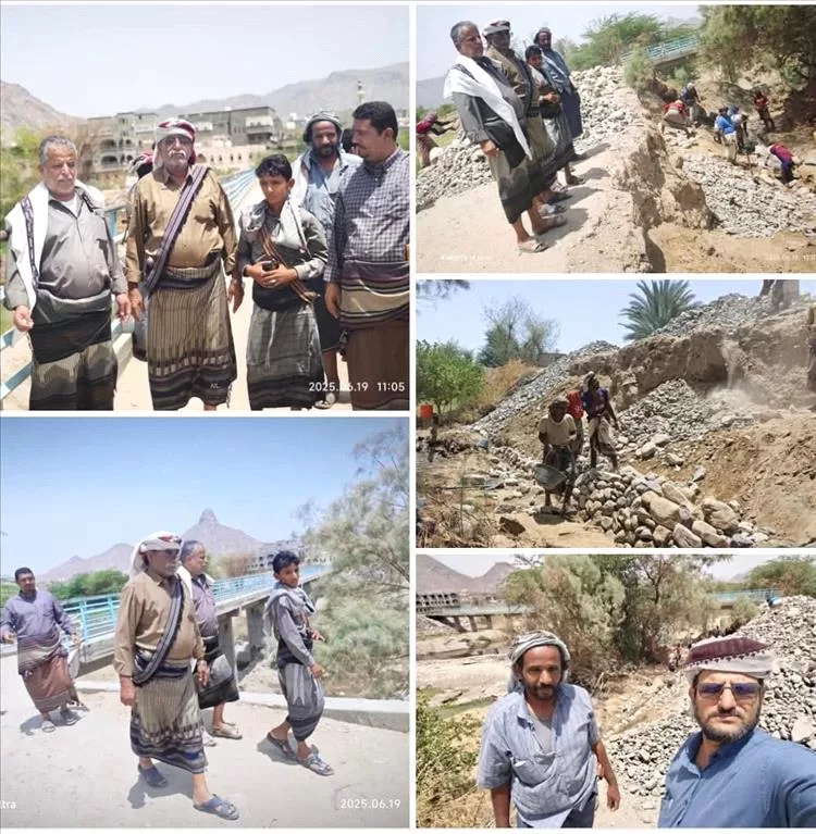 مدير عام بيحان ومدير مكتب الاشغال يتفقدا سير العمل في بناء حماية الطرق المؤدية إلى جسر التعاون