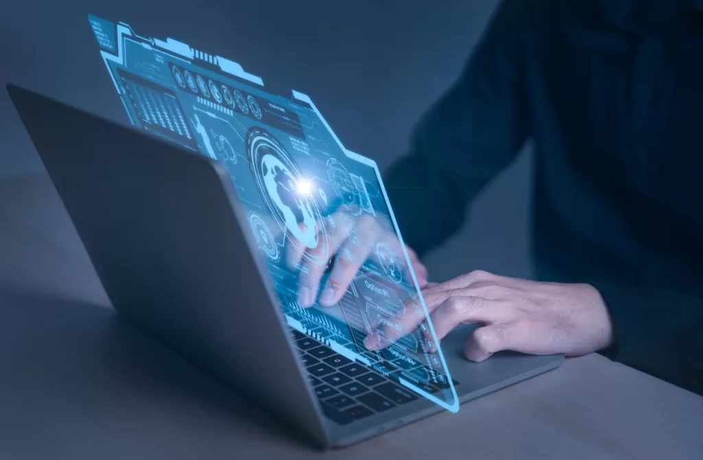 Businessman and computer technology network connection on futuristic virtual interface screen artificial intelligence