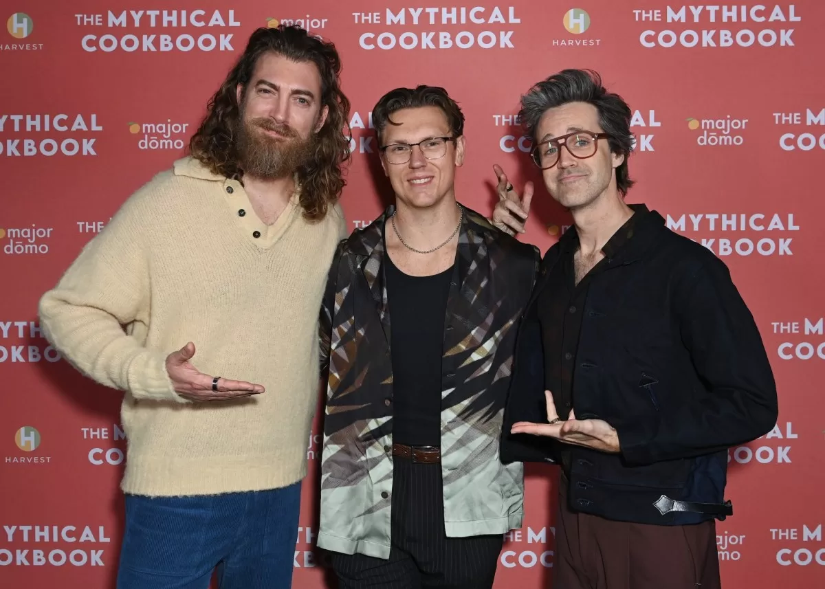 Rhett McLaughlin, Josh Scherer and Link Neal attend The Mythical Cookbook VIP Launch Party at Majordomo on March 07, 2024 in Los Angeles, California.