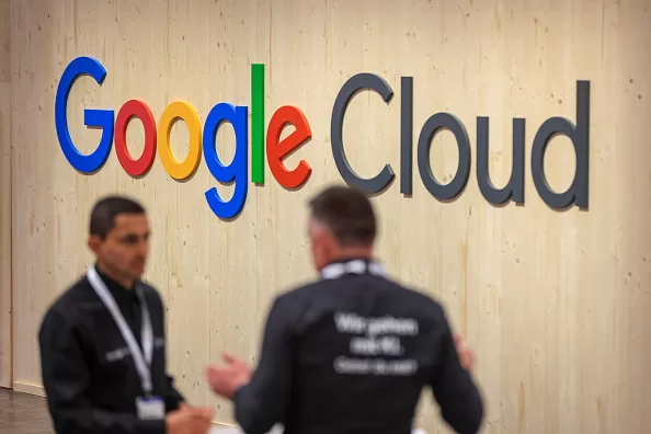 The Google Cloud logo at their booth at the Hannover Messe 2024 trade fair in Hannover, Germany, on Monday, April 22, 2024. German Chancellor Olaf Scholz is optimistic on his country's economic prospects, citing record employment and slowing inflation thanks to falling energy costs. Photographer: Krisztian Bocsi/Bloomberg via Getty Images
