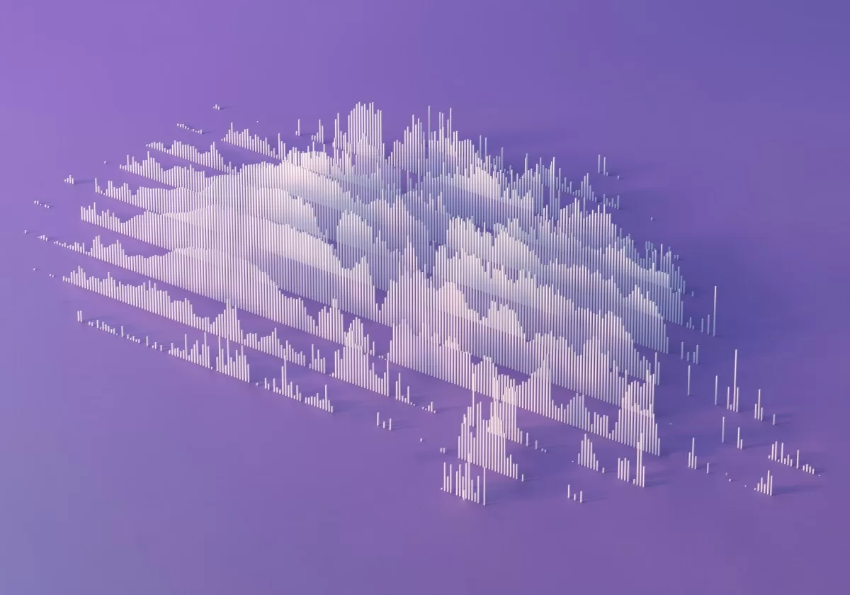 Digital generated image of abstract cloud / data visualization on purple background.