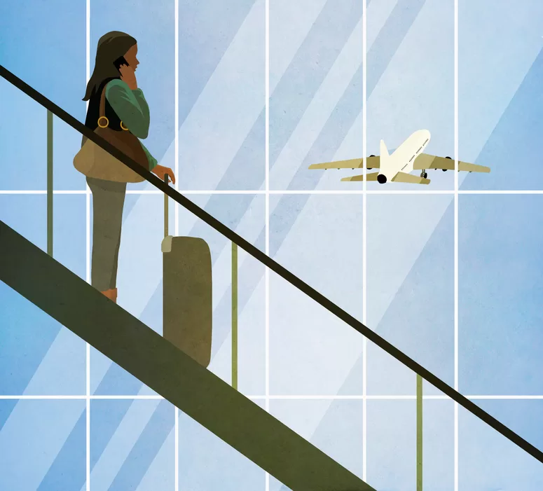 Image may contain: Handrail, Aircraft, Airplane, Transportation, Vehicle, Adult, Person, Airport, and Airliner