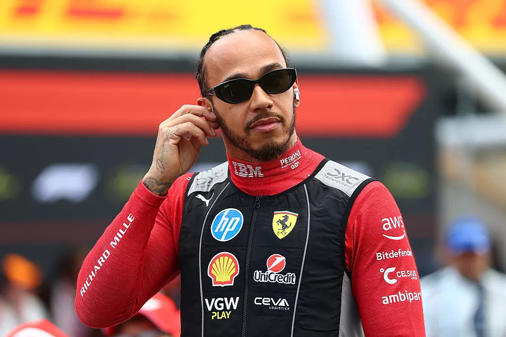 NORTHAMPTON, ENGLAND - JULY 06: Lewis Hamilton of Great Britain and Scuderia Ferrari looks on, on the grid during the F1 Grand Prix of Great Britain at Silverstone Circuit on July 06, 2025 in Northampton, England. (Photo by Bryn Lennon - Formula 1/Formula 1 via Getty Images)