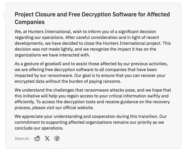 عصابة الفدية هانترز إنترناشونال تعلن عن إغلاقها