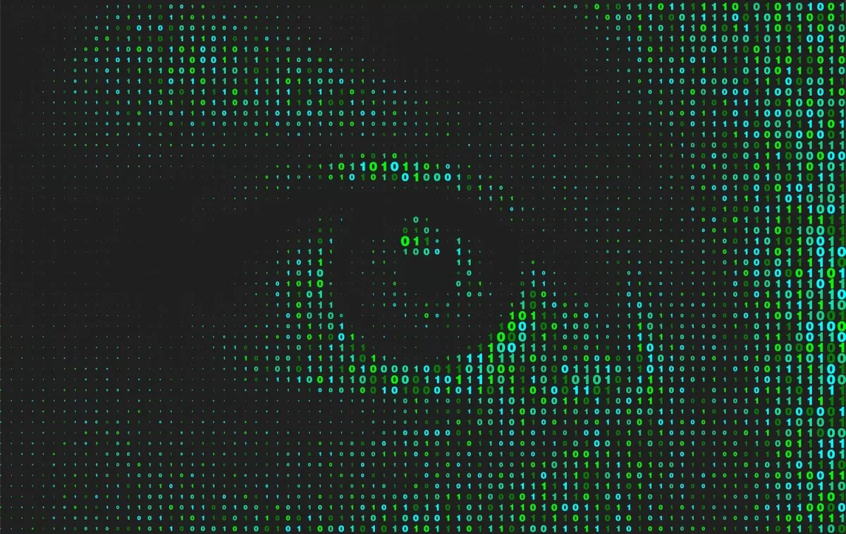 Artificial intelligence technology futuristic background. Green binary coding letters on black.