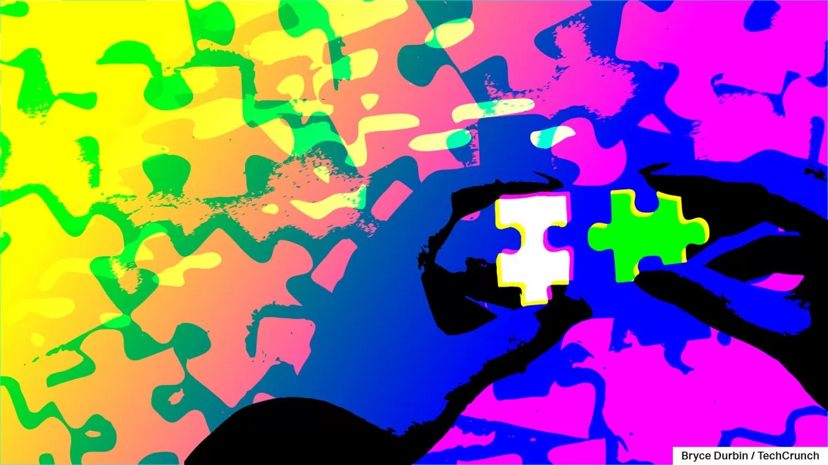 hands holding jigsaw pieces, colorful abstract background