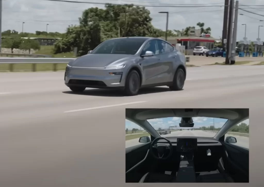 A screenshot of a video of a Tesla Model Y delivering itself to a customer in Austin, Texas