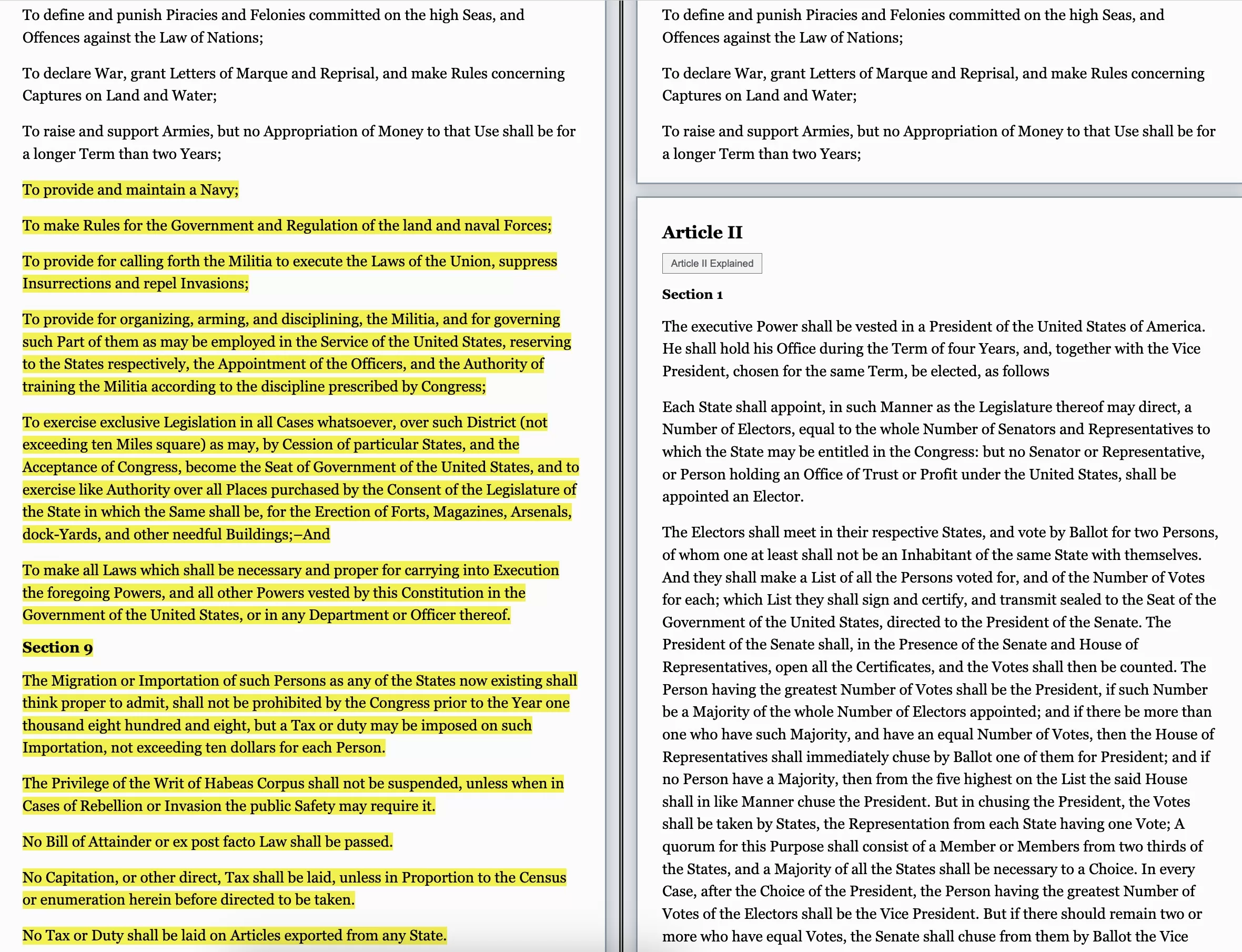لقطة شاشة تظهر الفرق بين دستور الولايات المتحدة قبل عدة أسابيع، والجزء الأصفر من النص الذي تم إزالته منذ ذلك الحين.