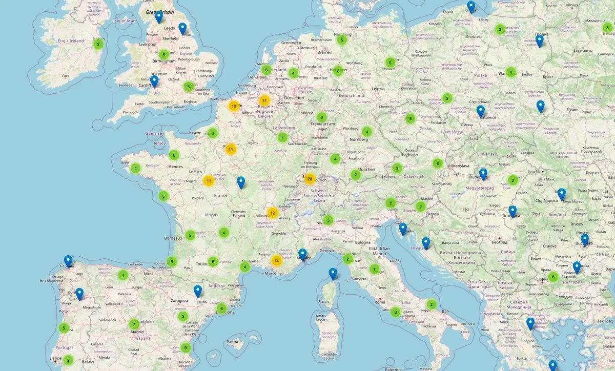a map of central Europe showing location markers of exposed TeslaMate servers, as well as different colored clusters of more than one servers.