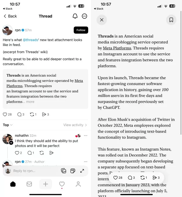 تختبر ثريدز وسيلة لمشاركة النصوص الطويلة على المنصة