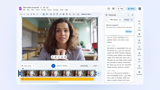 لقطة شاشة لمحرر فيديو Google Vids توضح ميزة تسمح لك بإزالة الكلمات الزائدة مثل "أم" و"آه" بسهولة من مقطع الفيديو.